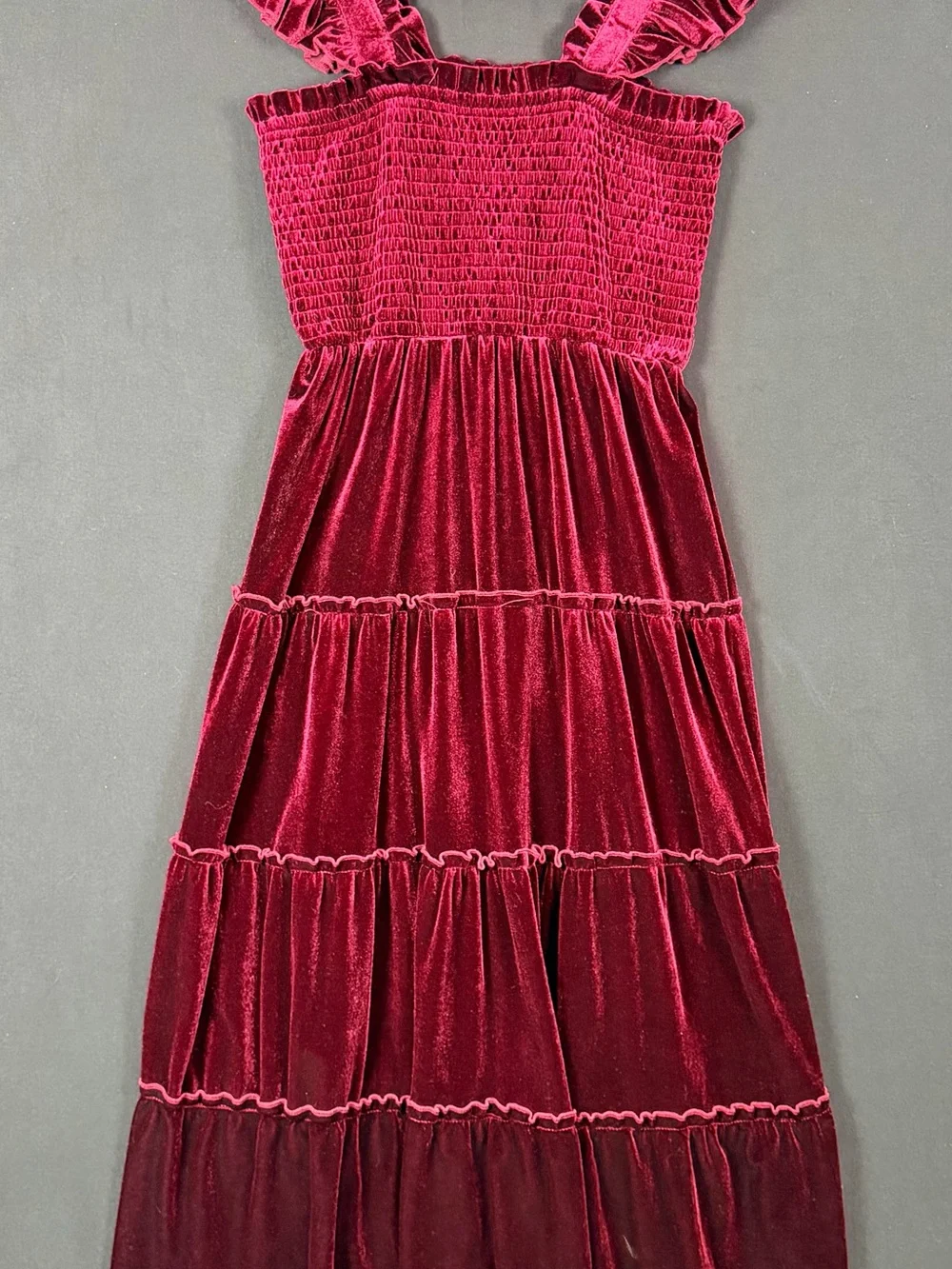 Girls' Velvet Tiered Dress in Deep Berry Pink Padded Straps Ruffle Smocked witch